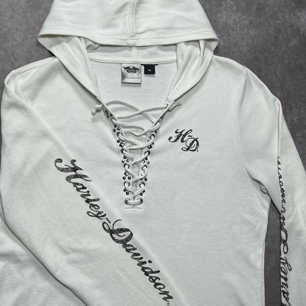 Harley-Davidson Henley Womens XL White Hooded Lace Up Skull Rhinestone Biker Y2K